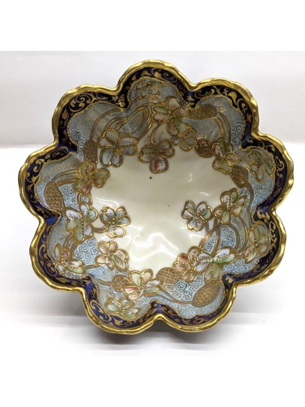 Hand-Painted Nippon three-footed vintage gold guilt and blue floral porcelain bo
